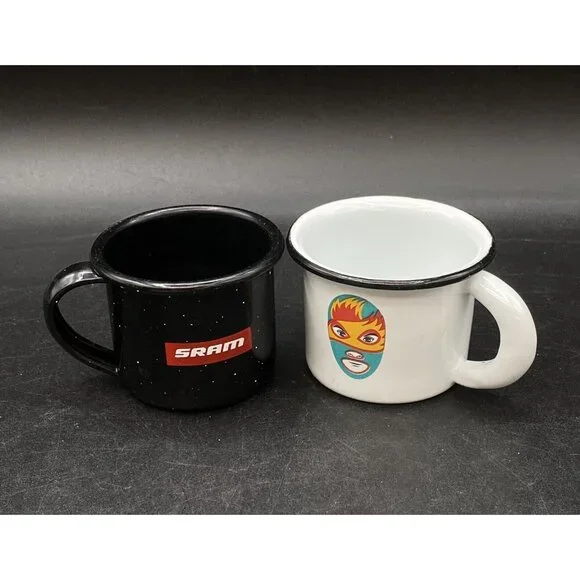 Enamelware Espresso 2 Coffee Cup SRAM Malinalco White Black Lucha Libre - Picture 1 of 8
